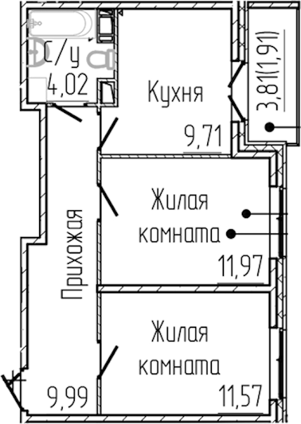 2-комнатная квартира 49.17 м², 6/8 эт., ЖК «SERTOLOVO PARK»